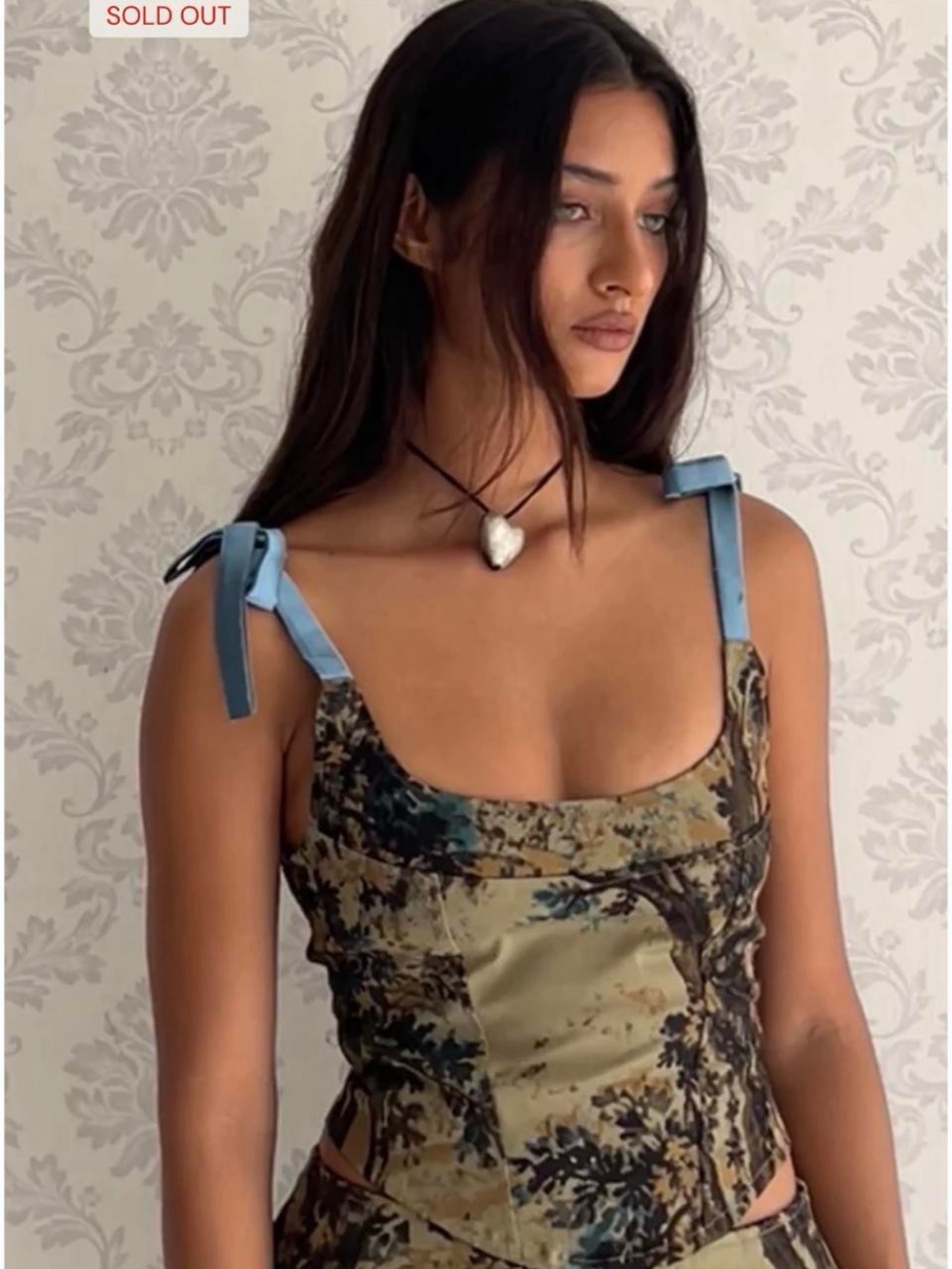Motel Rocks Floral Satin Corset Top with Light Blue Tie Straps